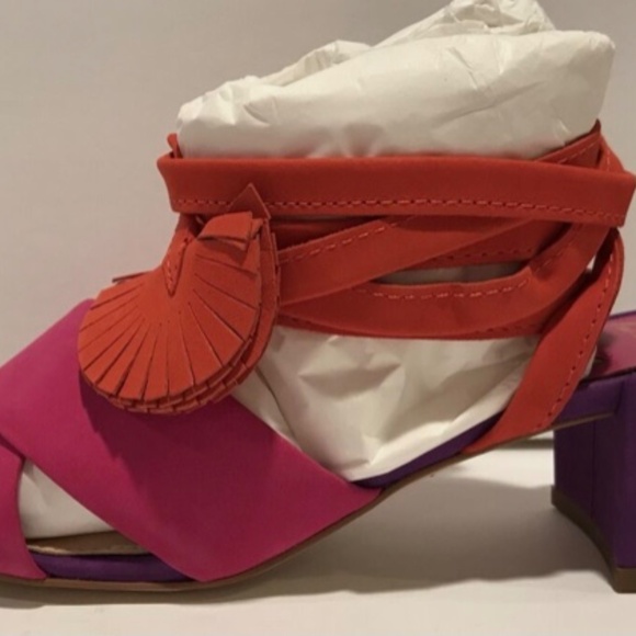 New- Brian Atwood Astor Retro Colorblock Lace Up Sandals Pink Suede Heels Size 6 - Picture 3 of 9
